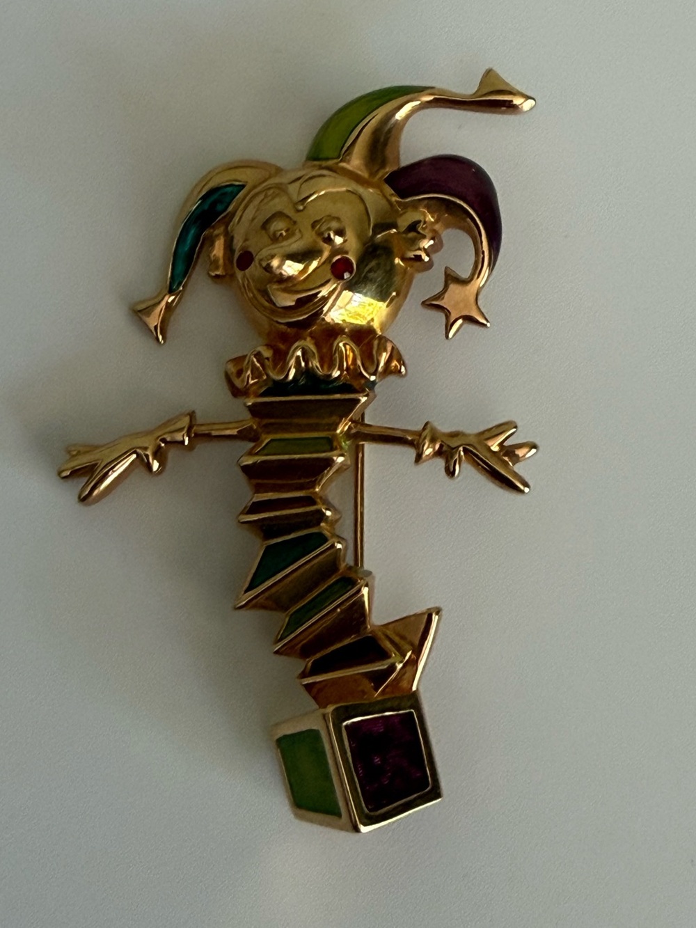 Vtg Swarovski Jester Jack In Box Brooch Gold Tone Enamel Green Purple Signed